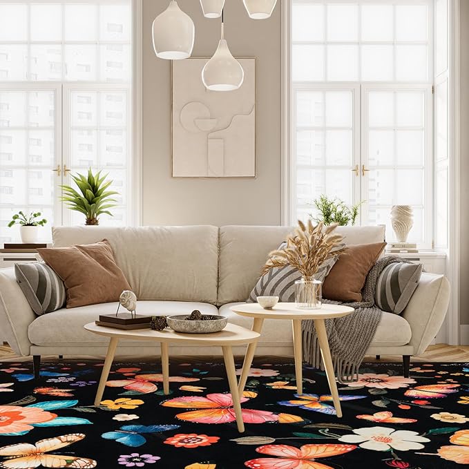 8x10 Machine Washable Area Rug, Non-Slip Large Vintage Floral Floor Rugs for Kids, Low Pile Room Carpet for Living Room, Bedroom, Dining Room & Nursery(8x10 Black Floral)