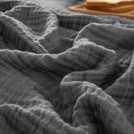 PHF 100% Cotton Muslin Blanket Queen Size 90"x90", 4-Layer Lightweight Gauze Throw, Breathable Cloud-Soft Minimalist Blanket for Bed, Couch, Camping & Baby, Greyish Black, Ideal Gift