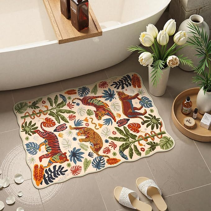 LEEVAN Washable Tiger Rug 2x3 Bathroom Rugs Non Slip Scalloped Beige Entryway Mat Leopard Front Door Mat Low Pile Rug Pad for Porch Soft Jungle Laundry Mat