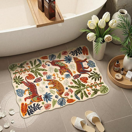 LEEVAN Washable Tiger Rug 2x3 Bathroom Rugs Non Slip Scalloped Beige Entryway Mat Leopard Front Door Mat Low Pile Rug Pad for Porch Soft Jungle Laundry Mat