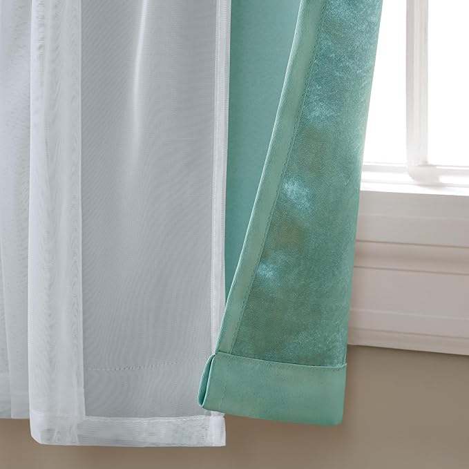 TOWN & COUNTRY LUXE Talia Double Layer Indoor Curtains, Sheer and Room Darkening Blackout, Grommet Top, Energy Efficient, 2-Pack Set, 52"x96", Turquoise