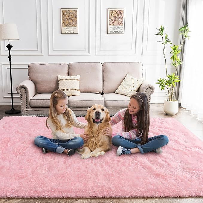 Pink Rug 8x10 - Non Slip Fluffy Rugs for Living Room - Cute Floor Rug for Girls Room Decor- Large Fuzzy Shag Carpet - Shaggy Rugs for Living Room Washable 8x10 Area Rugs Clearance