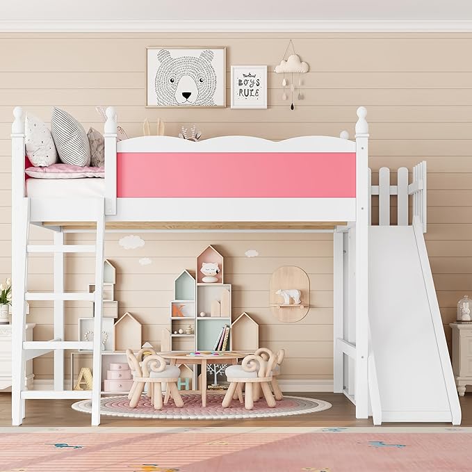 SOFTSEA Queen Size Loft Bed with Slide & Shelves, Kids Wood Loft Bed with Open Shelves and Cabinet, Playhouse Bed Frame with Detachable Slide and Ladder for Kids Girls, Pink + White