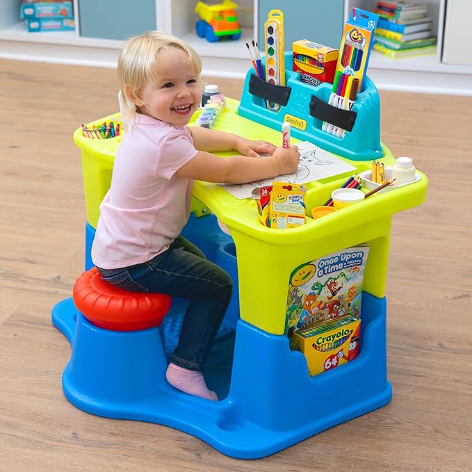 Simplay3 Creative Kids Art Desk Table and Chair Set with Attached Desk Chair, Full Floor and Art Storage