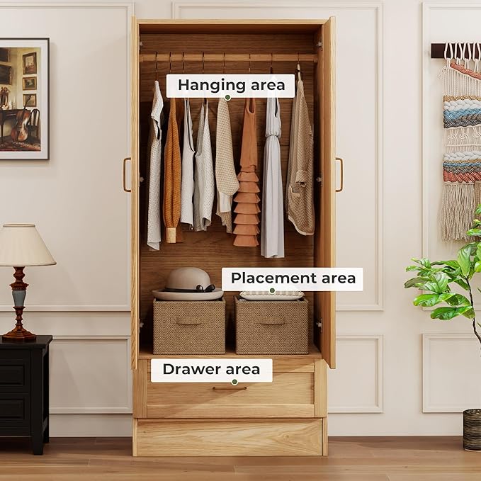 Solid Wood Armoire:Wardrobe Closet with Drawers and Hanging Rod,Storage Cabinet Clothes Organizer for Bedroom Original Wood Color