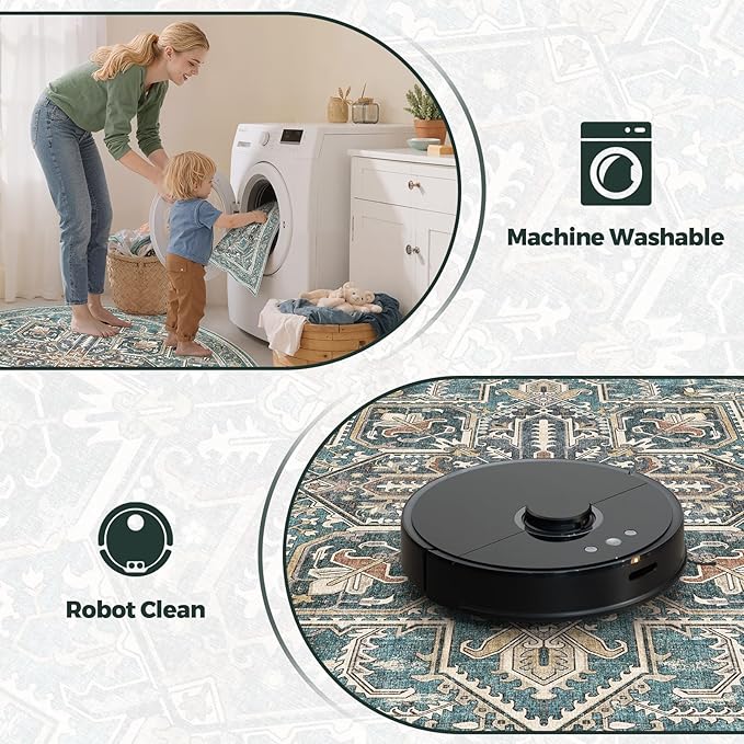 WITSHOCK Round Living Room Rugs 8Ft: Washable Vintage Boho Soft Low Pile Non-Slip Stain Resistant Foldable Carpet for Bedroom Playroom Dining Room Office, Distressed Farmhouse Home Decor Rug-Dull Teal