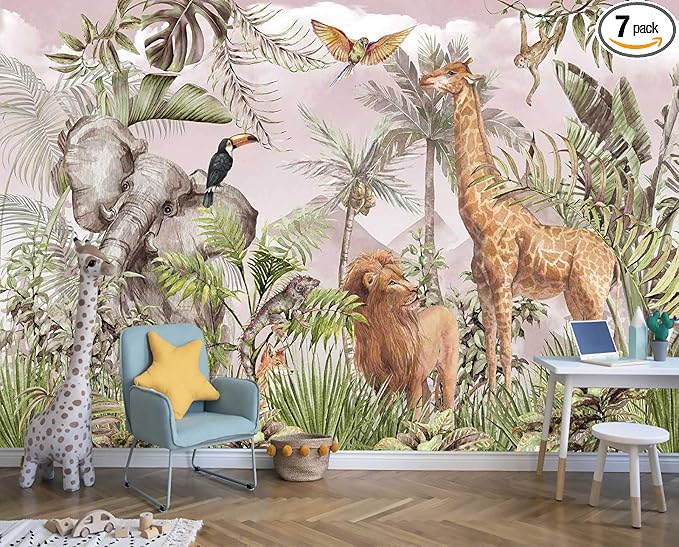 Watercolor Paintings Tropical Jungle Animals Safari Elephants Giraffes Lions Parrots Palm Leaves Hand-Painted Art Wallpaper Suitable for Children's Room Decoration Mural（Not Peel and Stick）