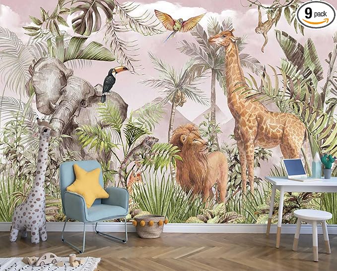 Watercolor Paintings Tropical Jungle Animals Safari Elephants Giraffes Lions Parrots Palm Leaves Hand-Painted Art Wallpaper Suitable for Children's Room Decoration Mural（Not Peel and Stick）