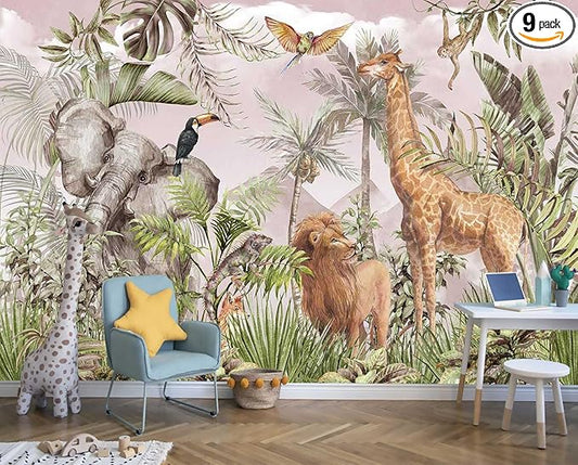 Watercolor Paintings Tropical Jungle Animals Safari Elephants Giraffes Lions Parrots Palm Leaves Hand-Painted Art Wallpaper Suitable for Children's Room Decoration Mural（Not Peel and Stick）