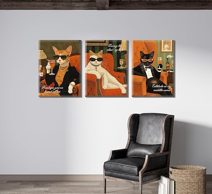 3Pcs Funny Cat Canvas Wall Art Elegant White Black Orange Cat Drinking Cocktail Painting Picture Wall Decor Luxury Feline Poster Print Bar Cart Artwork Decor for Bar Dining Room Bedroom Home Decortion