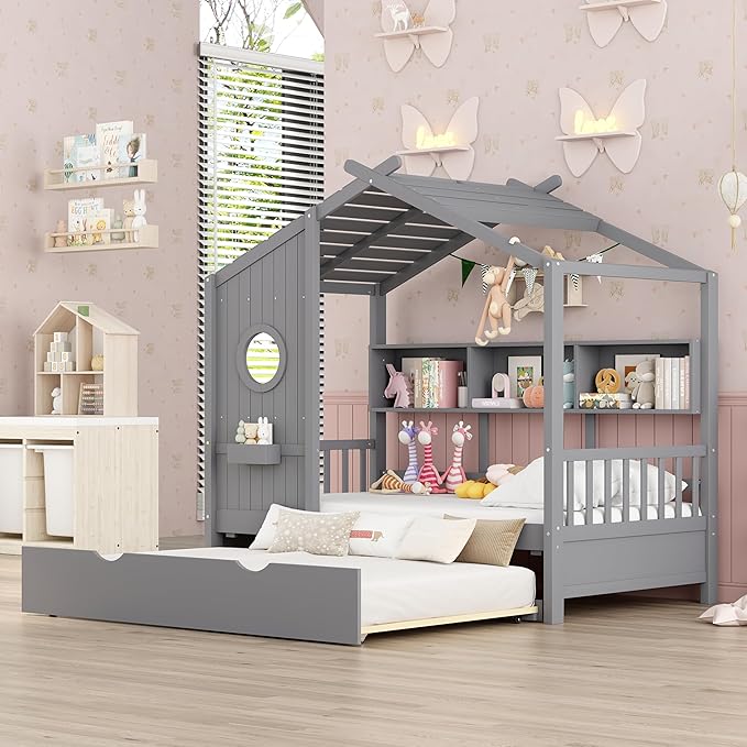 Twin Size House Bed with Trundle for Kids,Twin Kids Bed Frame with Storage Shelves,Wood House Bed Frame for Girls,Boys,Can be Decorated,Gray
