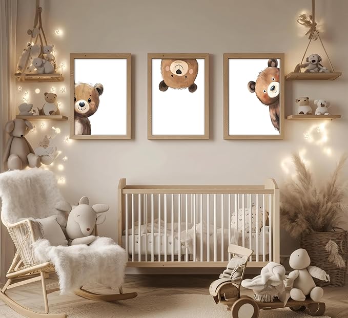 3Pcs Baby Teddy Bear Nursery Wall Art Peeking Bear Pictures Wall Decor Peekaboo Kids Room Decor Woodland Animal Posters Neutral Nursery Painting Canvas Print Artwork for Children's Baby Room Bedroom