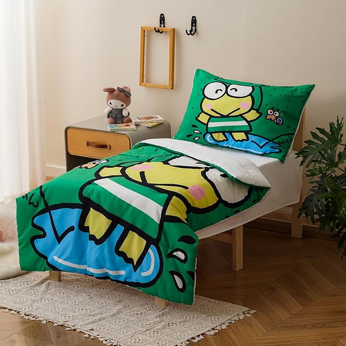 KAREVER Cartoon Toddler Bedding Set Frog Smail Print 4 Pieces Crib Bed Set Kids Reversible Green White Comforter Set
