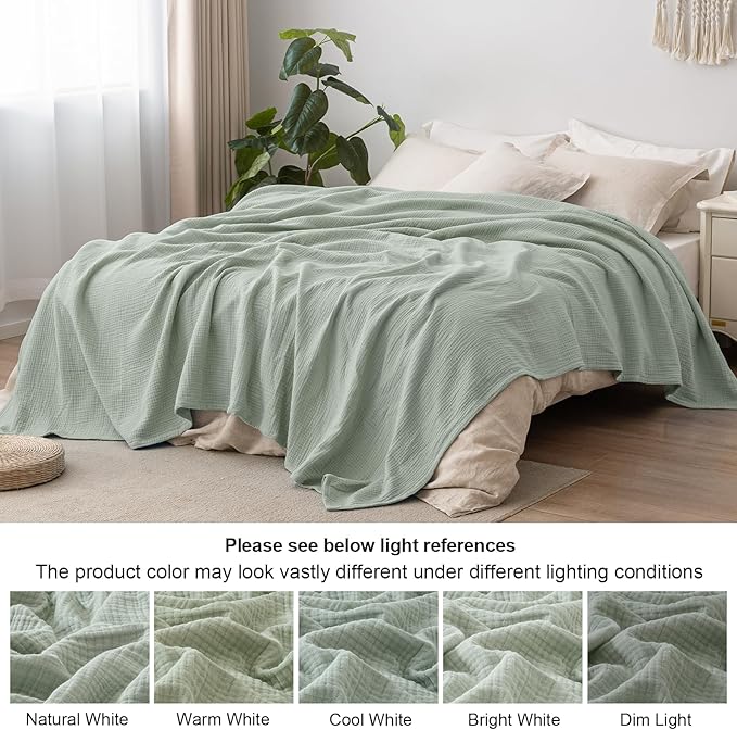 PHF 100% Cotton Muslin Blanket King Size 108"x90", 4-Layer Lightweight Gauze Throw, Breathable Cloud-Soft Minimalist Blanket for Bed, Couch, Camping & Baby, Sage Green, Ideal Gift
