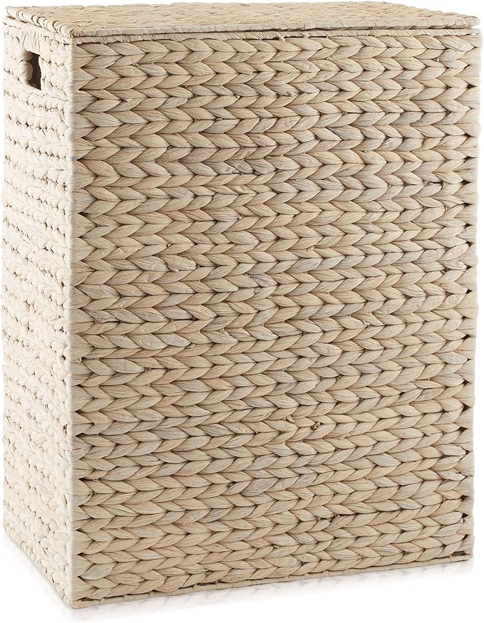 Casafield Large Laundry Hamper with Lid and Removable Liner Bag - Whitewash, Woven Water Hyacinth Rectangular Laundry Basket Sorter for Clothes Towels