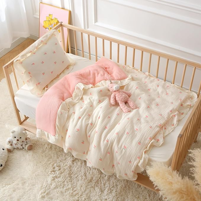 100% Cotton Muslin Crib Comforter/Quilt,Ultra Soft Cozy Reversible Baby Blanket,All Season Toddler Blankets for Boys and Girls, Machine Washable,41"x48"