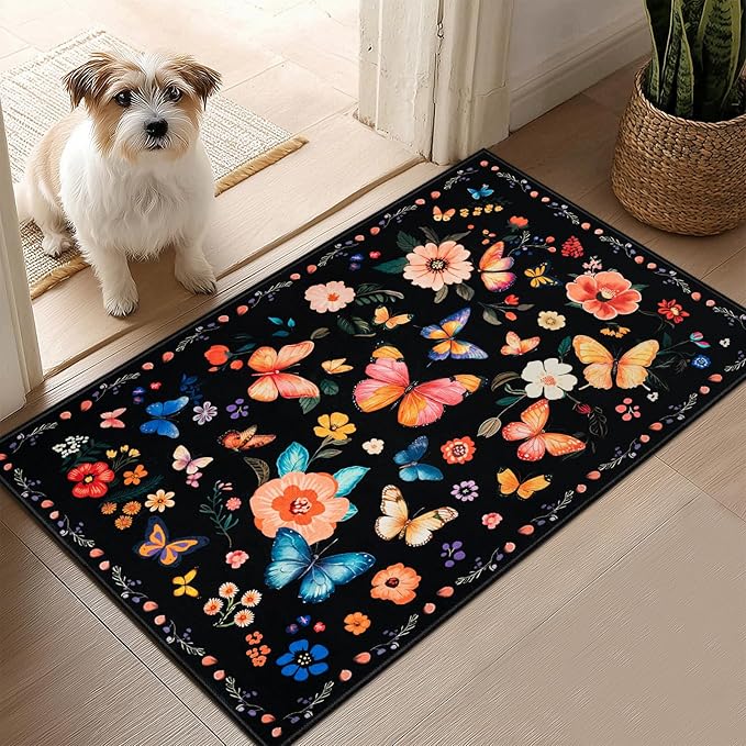 2x3 Machine Washable Area Rug, Non-Slip Small Vintage Floral Entryway Rug for Front Door, Low Pile Indoor Door Mat for Entryway, Bedroom, Dining Room & Kitchen(2x3 Black Floral)