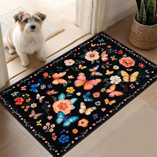 2x3 Machine Washable Area Rug, Non-Slip Small Vintage Floral Entryway Rug for Front Door, Low Pile Indoor Door Mat for Entryway, Bedroom, Dining Room & Kitchen(2x3 Black Floral)