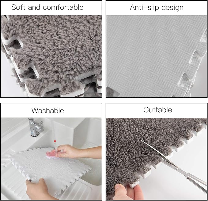 12 pcs Plush Puzzle Foam Floor Mat for Kids- Thick Interlocking Fluffy Tiles with Border Square Rug Split Joint Soft Climbing Carpet Mats Shaggy Area Rug for Room Floor(11.8'', White & Gray)
