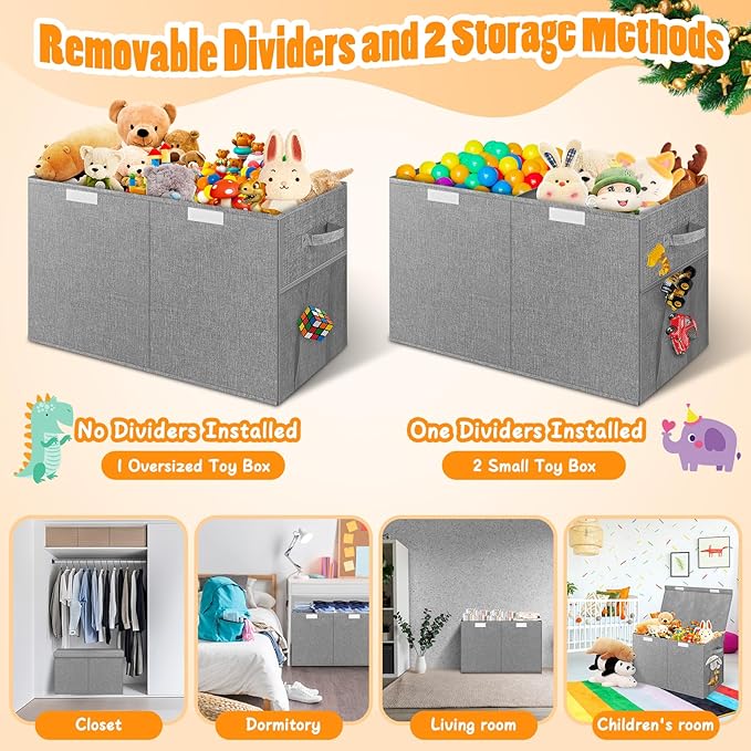Large Toy Storage Box with Lid Divider, Sturdy Collapsible Toys Organizer Chest Kids Storage Bins Boxes Baskets for Boys, Girls, Nursery, Bedroom, Living Room, Playroom, 25"x13"x16", Gray
