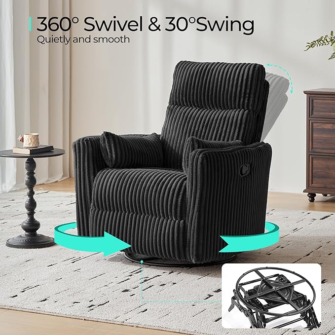 LINSY HOME 360 Swivel Nursery Rocking Chair with 2 Pillows, Corduroy High Back Adult Recliner for Small Spaces, Nursery Glider Rocker Chair, Bedroom Living Room Reclining Chairs (Black)