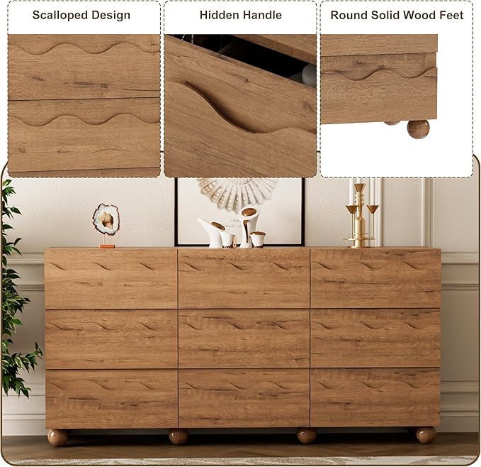 Anbuy 9 Drawers Dresser for Bedroom, Scalloped 63" Wide Modern Chest of Drawers with Hidden Handle, Wooden Dresser, Fluted Wood Closet Clothes Storage Organizer for Living Room, Hallway, Natural Oak