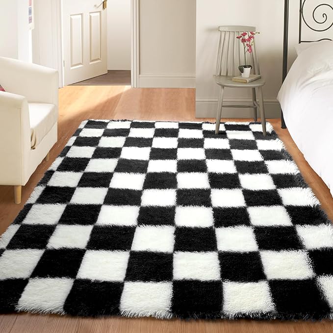 KICMOR Black and White 3x5 Rugs for Bedroom Bedside, Fluffy Soft Checkered Shag Area Rug Fuzzy Shaggy Small Living Room Carpet, Plush Throw Rug for Kids Boys Girls Dorm Nursery Home Decor Aesthetic