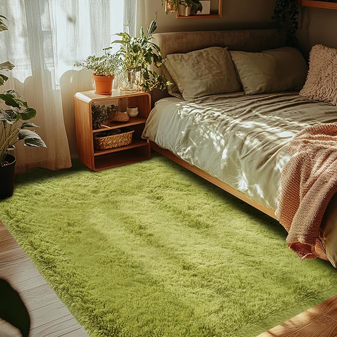 CAIYUECS 4x6 Green Area Rug for Bedroom: Fluffy Shag Rugs for Living Room-Modern Fuzzy Furry Plush Soft Rugs for Kids Girls Room,Shaggy Rug for Dorm Home Decor(4x6 Feet,Light Green)