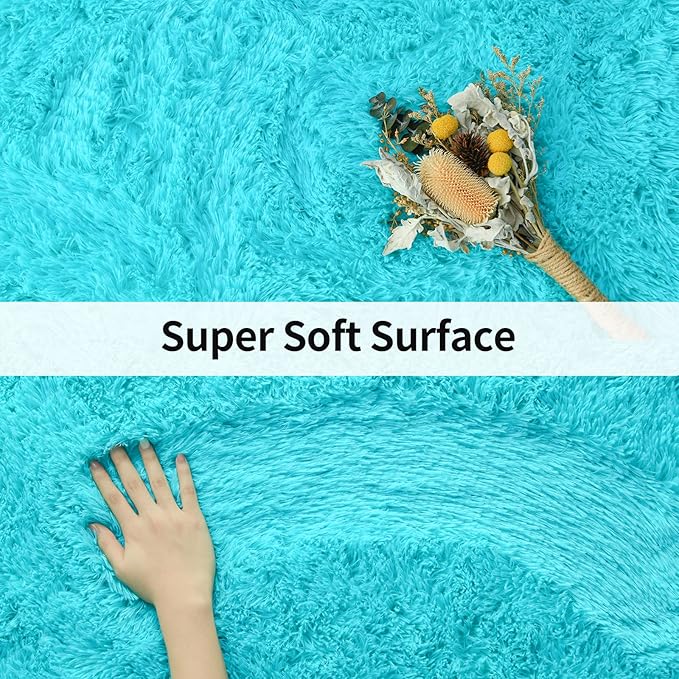 Merelax Soft Modern Indoor Large Shaggy Rug for Bedroom Livingroom Dorm Kids Room Home Decorative, Non-Slip Plush Fluffy Furry Fur Area Rugs Comfy Nursery Accent Floor Carpet 5x8 Feet, Teal Blue