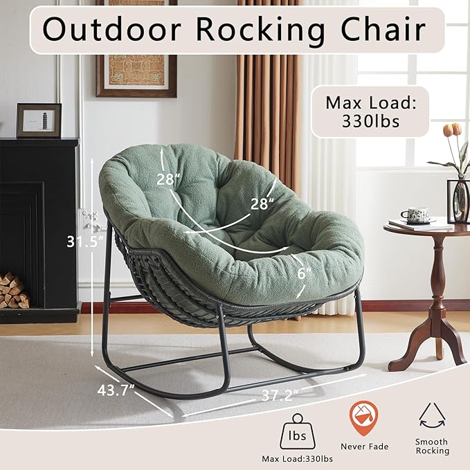 Oversized Outdoor Papasan Rocking Chair Set of 2 with Soft Cushion, Comfy Patio Egg Chair, Wicker Lounge Rocker for Balcony/Porch/Garden, Reinforced All Weather Rattan Frame, Hunter Green