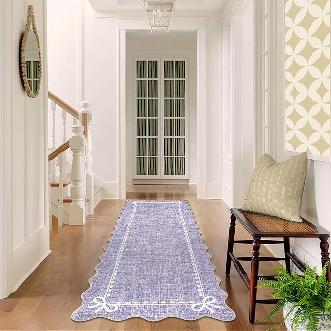 GarveeHome Scalloped Bow Rug for Living Room, Solid Purple Rug for Dorm, Washable Runner Rug 2.5x8 Soft Low Pile Non Slip Scalloped Rugs for Nursery Bedroom Decor Hallway Entryway Playroom