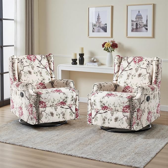 UIXE Floral Swivel Glider Recliner Chairs Set of 2, High Back Nursery Rocker Fabric Accent Chair for Living Room, Rivet Trim Upholstered Armchair Manual Reclining Sofa Seating - Beige Floral