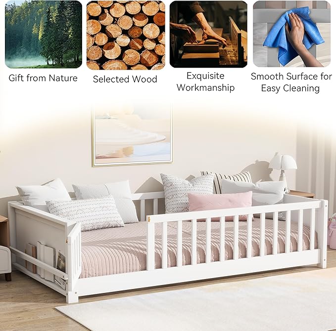 Twin Toddler Floor Bed with High Rails, Wooden Montessori Bed Frame with Door & Built-in Book Rack, Twin Size Bed Frame for Kids, Boys and Girls, White