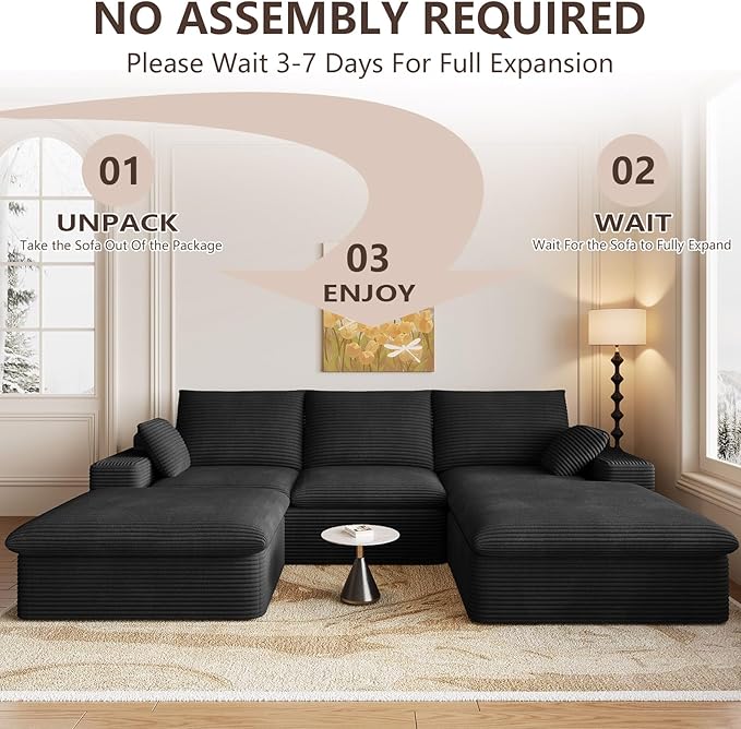 107" Cloud Modular Sectional Sofa with 1 Ottoman, Deep Seat Boneless Couch, Modern Upholstered Corduroy Couches, Comfort U Shaped Sofa for Living Room, No Assembly Required(Black,Right Facing Chaise)