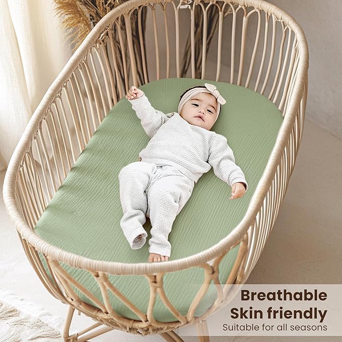 Konssy 2 Pack Muslin Bassinet Sheets for Baby Boy, 100% Cotton Soft Breathable Bassinet Mattress Sheets Fit for Hourglass Oval Cradle Rectangle Mattress (Palm Paradise,Sage)