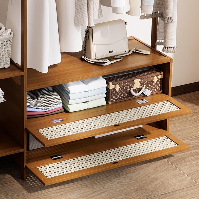 Bamboo Clothes Rack,Garment Rack with Drawers and Shelves,5 Tier Storage Shelves with 6 Hanging Hooks,Wardrobe Closet for Entryway Guestroom Kids Bedroom (39.4inch Width Tawny with Rattan Door)