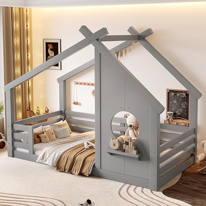 SOFTSEA Twin Size Floor House Bed with Roof, Solid Wood Montessori Bed Frame with Slats and Guardrails, Kids Playhouse Floor Bed for Boys Girls, No Spring Box Needed, Grey