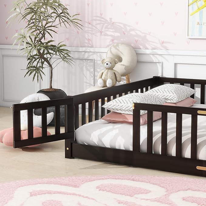 Queen Size Floor Bed for Kids, Wood Montessori Floor Beds with Fence Railings, Door & Slats Support, Queen Playhouse Bed Frame for Boys Girls, No Box Spring Needed, Espresso