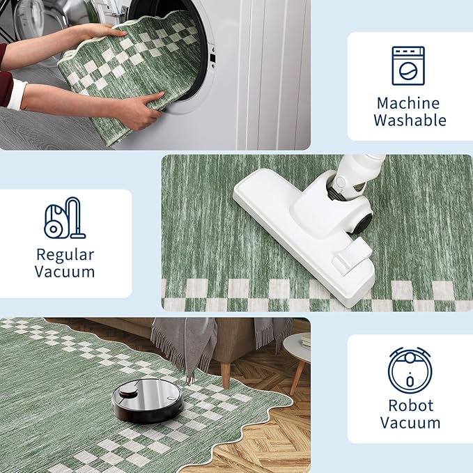 GarveeHome Hallway Runner Rug 2x6 Non Slip Scalloped Washable Rug for Kitchen Entry Stain Resistant Modern Border Throw Floor Carpet Long Runner Mat for Bathroom Living Room Bedside, Green