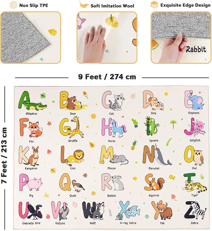 Kids Rugs for Playroom, 7x9 Feet Educational Rug for Learn The ABC Alphabet, Soft Machine Washable Non-Slip Cute Cartoon Animals Carpet for Classroom Toddler Nursery Kids Room Decor, Beige