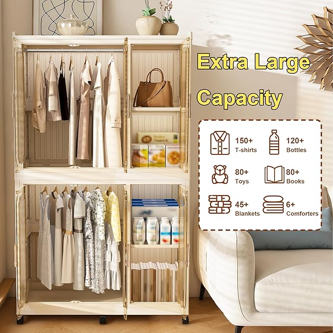 Portable Closet Wardrobe, Foldable Clothes Organizer with 6Cubes Storage, Easy Assemble Clothing Organizer with Magnet Doors, Wardrobe Storage Cabinet For Kids,Baby,Adult (36"L x 62"H(Upgrade))