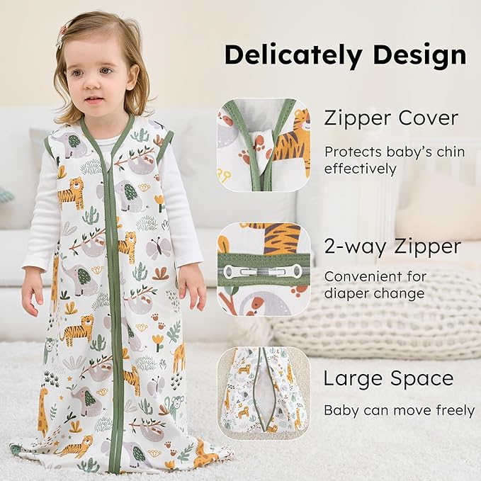 Baby Sleep Sack 0-6 months, 100% Cotton Sleeping Sack for Newborn and Infant, 3 Pack Baby Wearable Blanket for Boy and Girl, 0.5 Tog Lightweight Double Zipper Sleep Bag Green Brown Giraffe