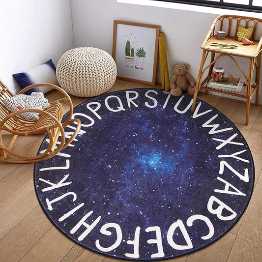LIVEBOX Kids Play Room Round Rug for Bedroom, ABC Washable Rug for Classroom, Large Circle Rug for Playroom,Galaxy ABC Rugs Educational Learning Carpet for Classroom Dorm(71",Star Blue)