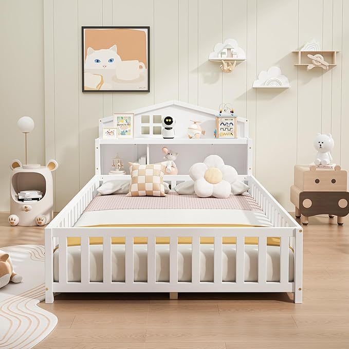 Bellemave Full Size Floor Bed for Kids, Girls, Boys, Solid Wood Montessori Bed with Storage headboard, Door, Storage, White