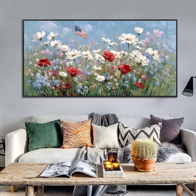 Large Framed American Flag Wildflower Wall Art for Living Room, Patriotic Flower Field Canvas Prints Paintings Artwork, Rustic Farmhouse Floral Landscape Pictures for Hallway Office Wall Decor 16"x30"