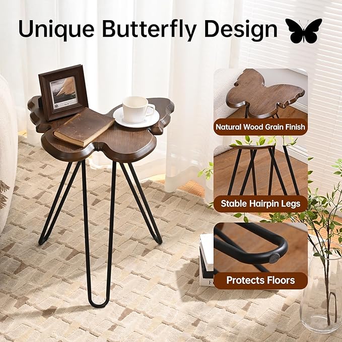 Butterfly Accent Side Table, Walnut Brown MDF Wood Top & Black Hairpin Legs, Small Modern End Table，21.75" Tall for Living Room, Bedroom or Small Spaces