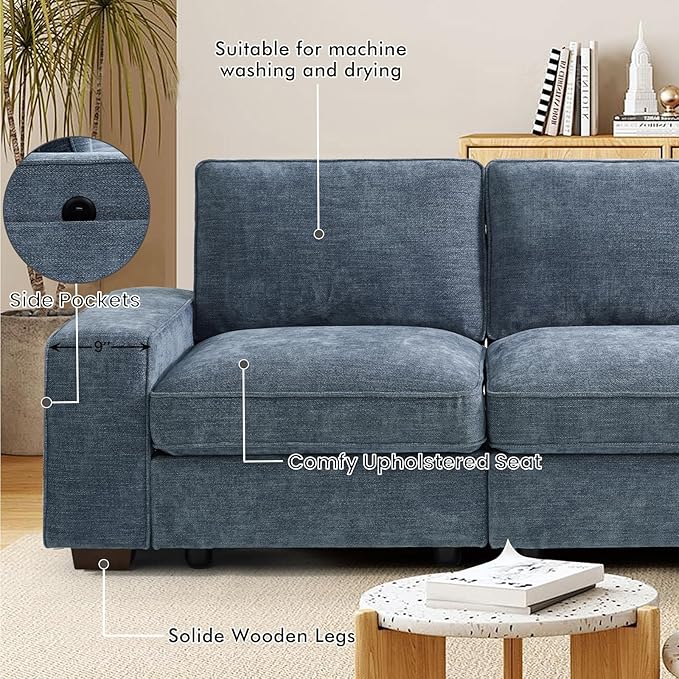 TEKAMON 100" Modular Sectional Sofa with Seats Storage, L Shaped Couch with Movable Ottoman, Chenille Fabric Couch for Living Room, Office, Apart W/Deep Seat, USB Charging,Removable Cover (Blue)