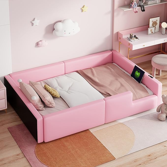 Twin Size Upholstered Platform Bed with Safety Guardrail, Montessori Kids Floor Bed, Child Grounded Bed with Charging Station and Sturdy Slats Support