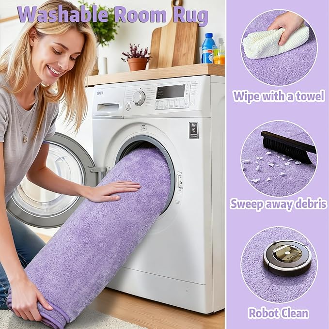 Chicrug 4x6 Minimalist Washable Area Rugs for Bedroom Living Room Classroom, Modern Soft Memory Foam Rug for Kids Nursery, Low Plie Indoor Carpet for Dorm Dining Office Bedside Room Decor, Purple