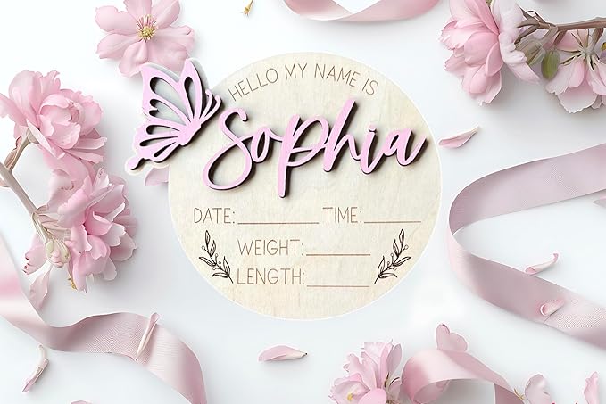 Personalized 3D Butterfly Birth Announcement Sign, Wooden Name sign, Hospital Photo prop Baby Name Reveal (Butterfly Left Hello My Name is)